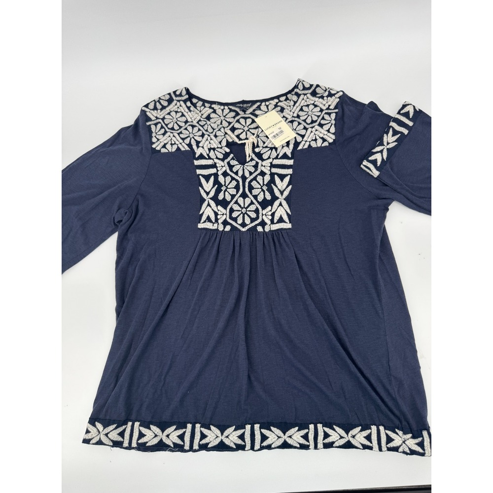 NWT Lucky Brand Embroidered Peasant Top Women L Navy Blue L/S Boho Blouse - Picture 8 of 16